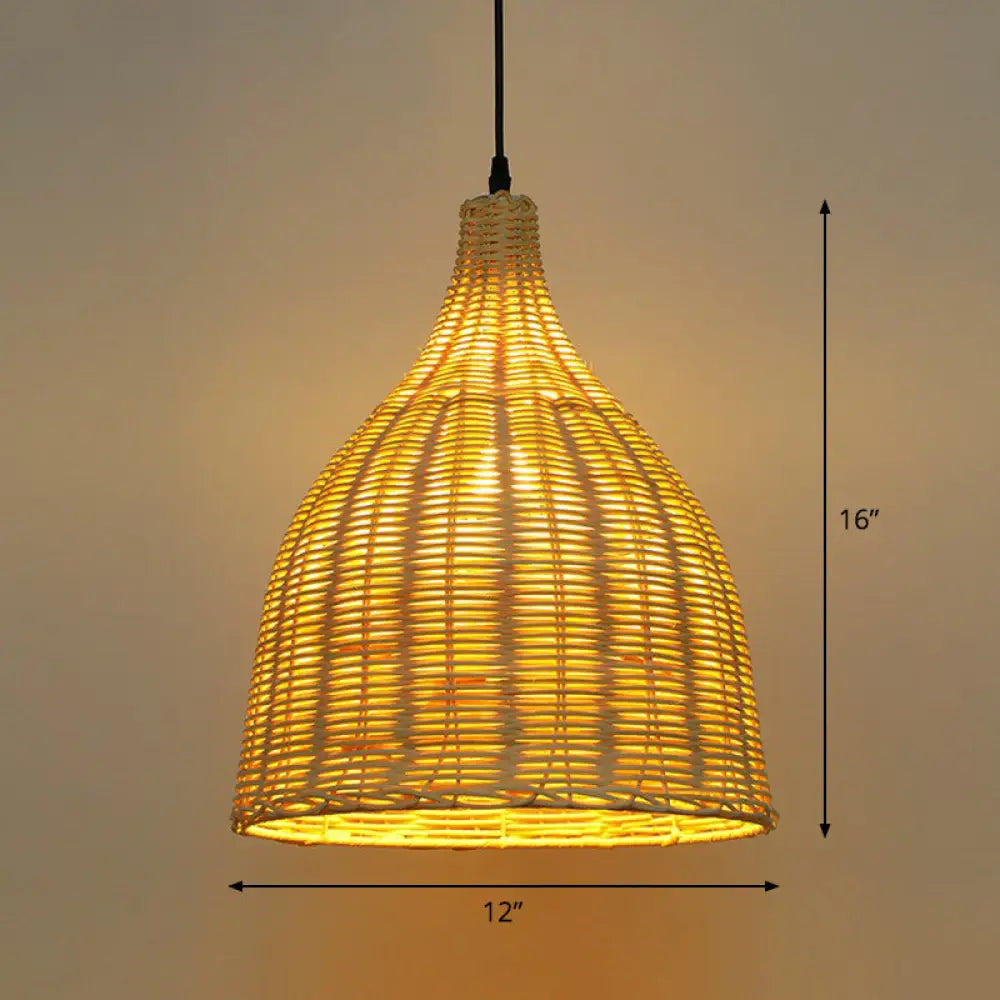 Bamboo Asian Pendant Lamp: Bell Shade Tea Room Ceiling Suspension Light – Single-Bulb Wood Design