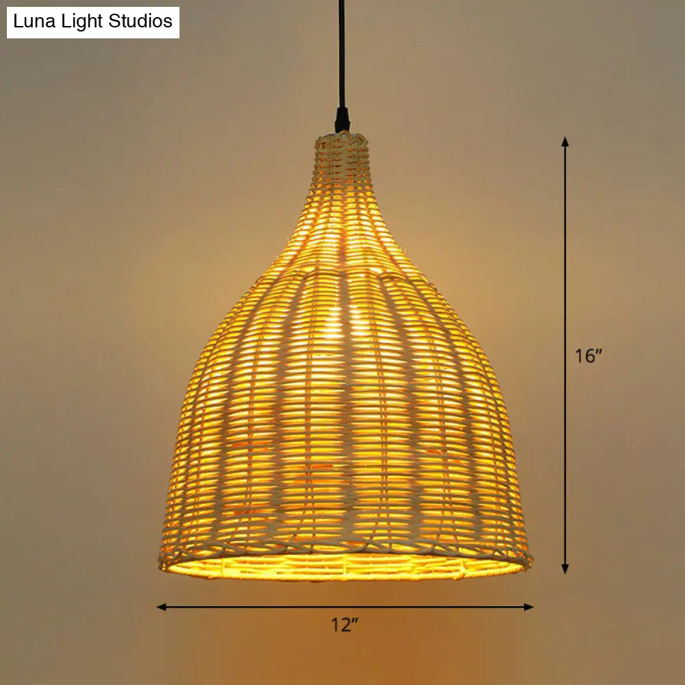 Bamboo Tea Room Pendant Lamp: Asian-Inspired Wood Ceiling Light With Bell Shade And Single Bulb / 12