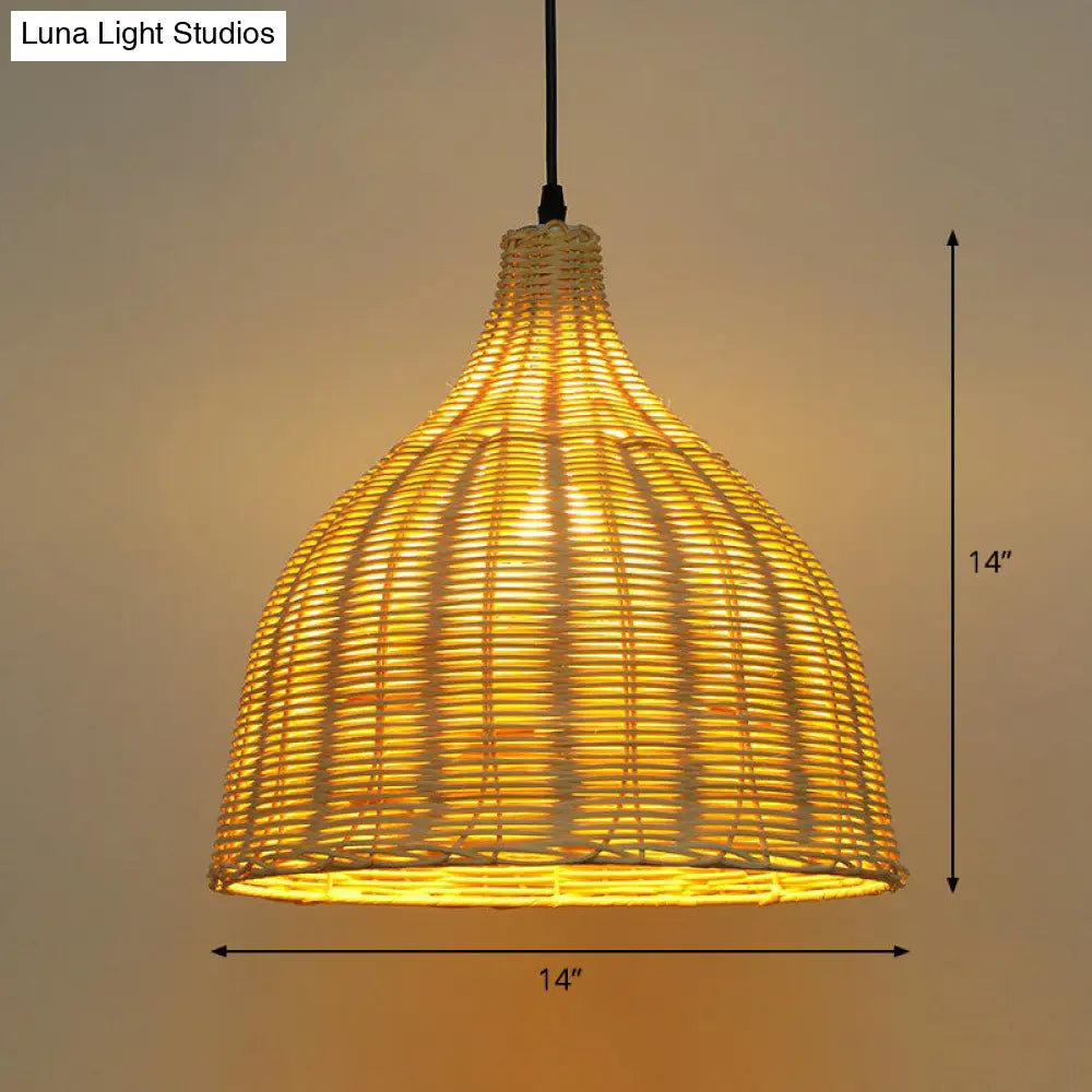 Bamboo Tea Room Pendant Lamp: Asian-Inspired Wood Ceiling Light With Bell Shade And Single Bulb / 14