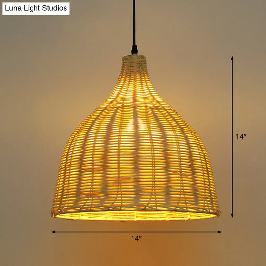 Bamboo Tea Room Pendant Lamp: Asian-Inspired Wood Ceiling Light With Bell Shade And Single Bulb / 14