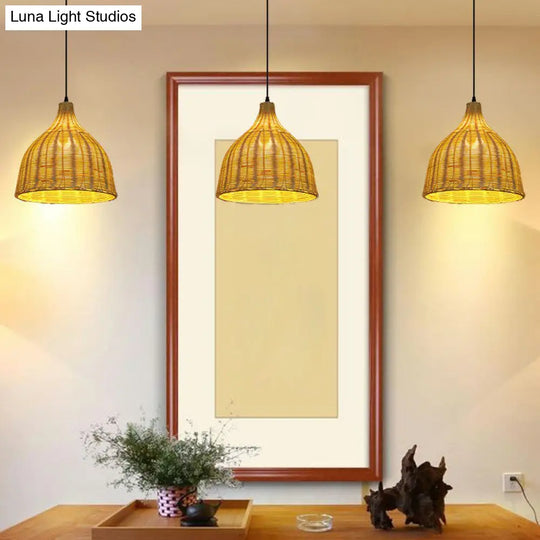 Bamboo Asian Pendant Lamp: Bell Shade Tea Room Ceiling Suspension Light – Single-Bulb Wood Design