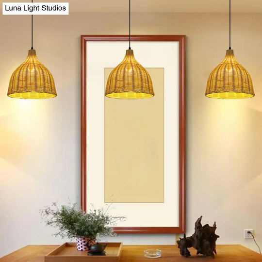 Bamboo Tea Room Pendant Lamp: Asian-Inspired Wood Ceiling Light With Bell Shade And Single Bulb