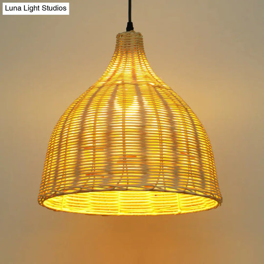 Bamboo Asian Pendant Lamp: Bell Shade Tea Room Ceiling Suspension Light – Single-Bulb Wood Design