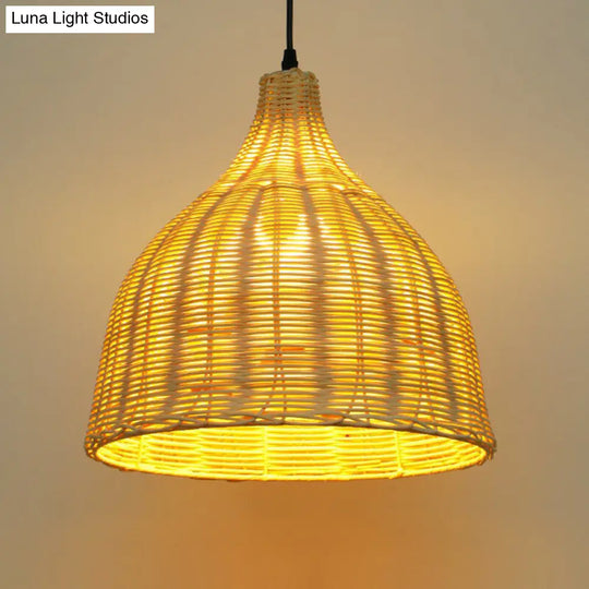 Bamboo Tea Room Pendant Lamp: Asian-Inspired Wood Ceiling Light With Bell Shade And Single Bulb