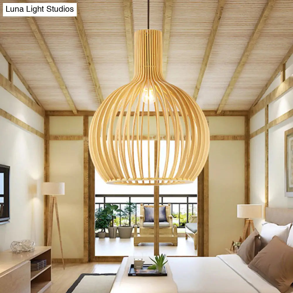 Bamboo Asian Pendant Light: Elegant 1-Bulb Wood Fixture For Dining Table