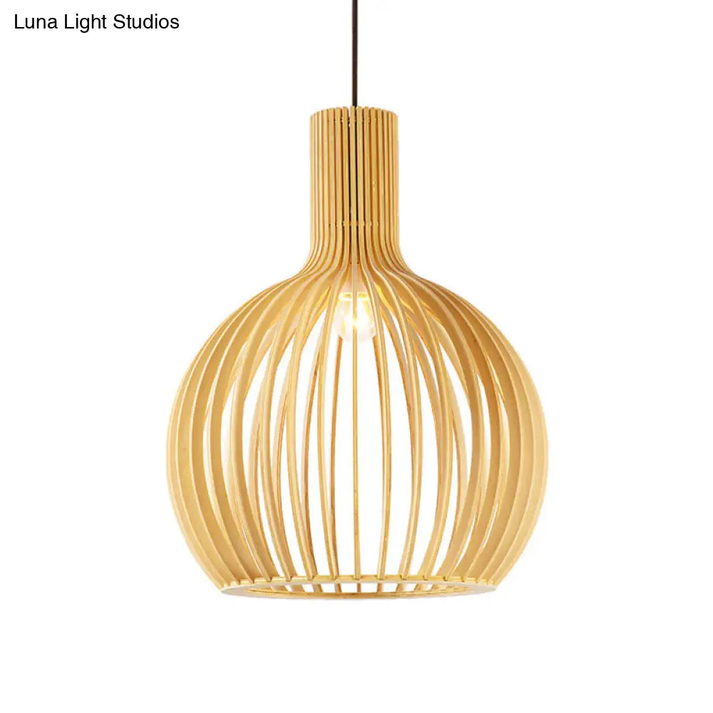 Bamboo Asian Pendant Light: Elegant 1-Bulb Wood Fixture For Dining Table