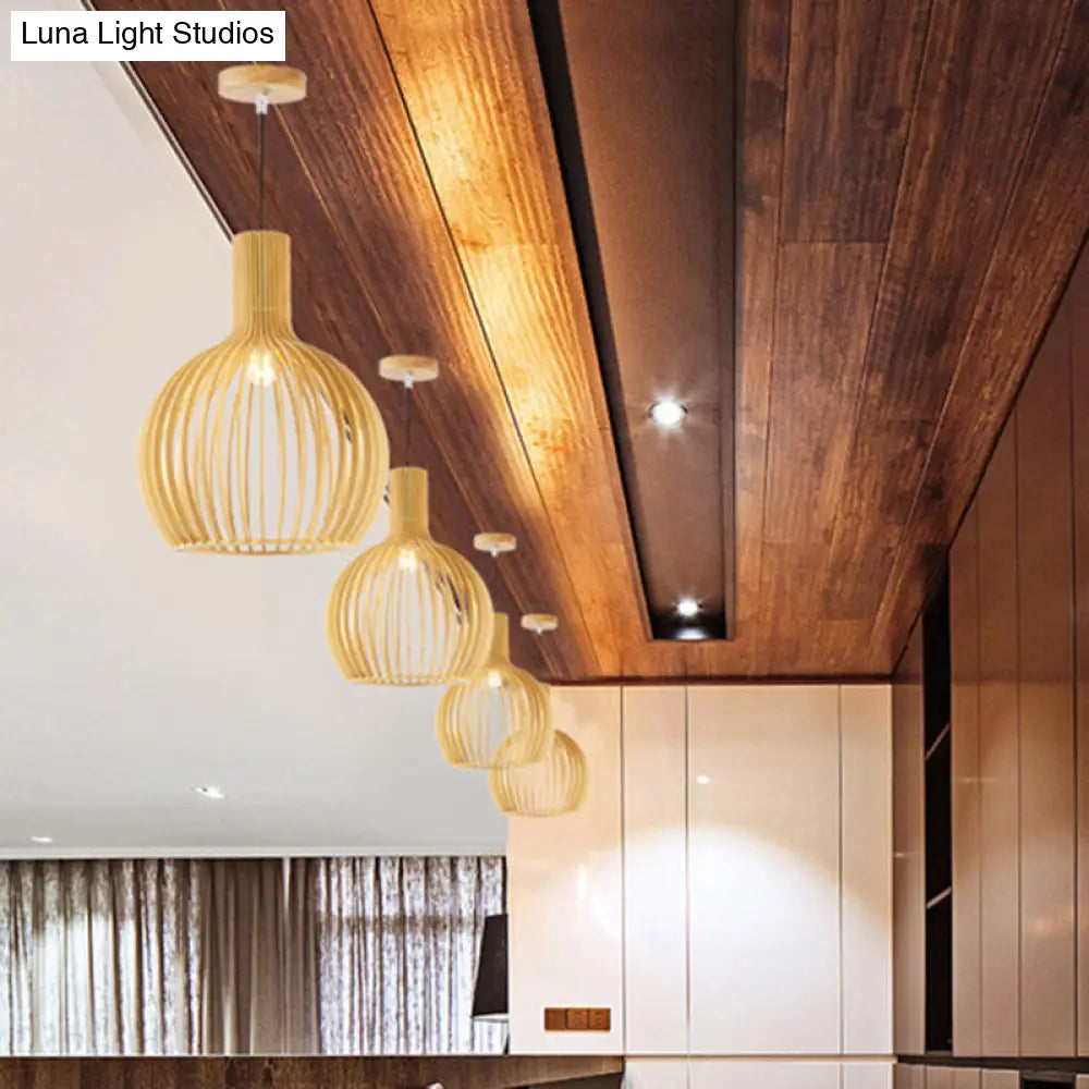 Bamboo Asian Pendant Light: Elegant 1-Bulb Wood Fixture For Dining Table