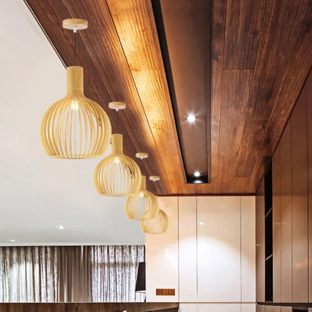 Bamboo Asian Pendant Light: Elegant 1-Bulb Wood Fixture For Dining Table / Small