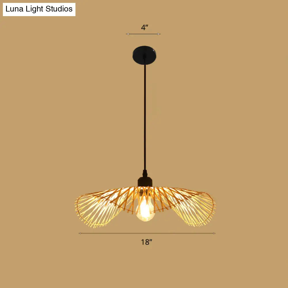 Bamboo Asian Style Ceiling Light With Lotus Leaf Design - 1 Bulb Wood Fixture