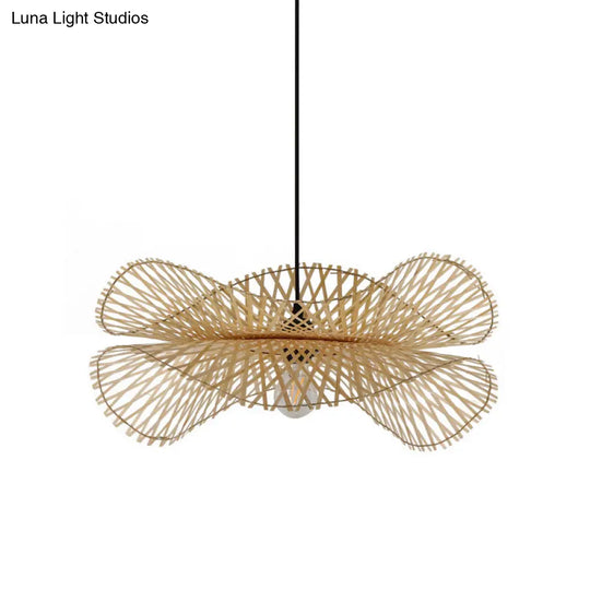 Bamboo Asian Style Ceiling Light With Lotus Leaf Design - 1 Bulb Wood Fixture