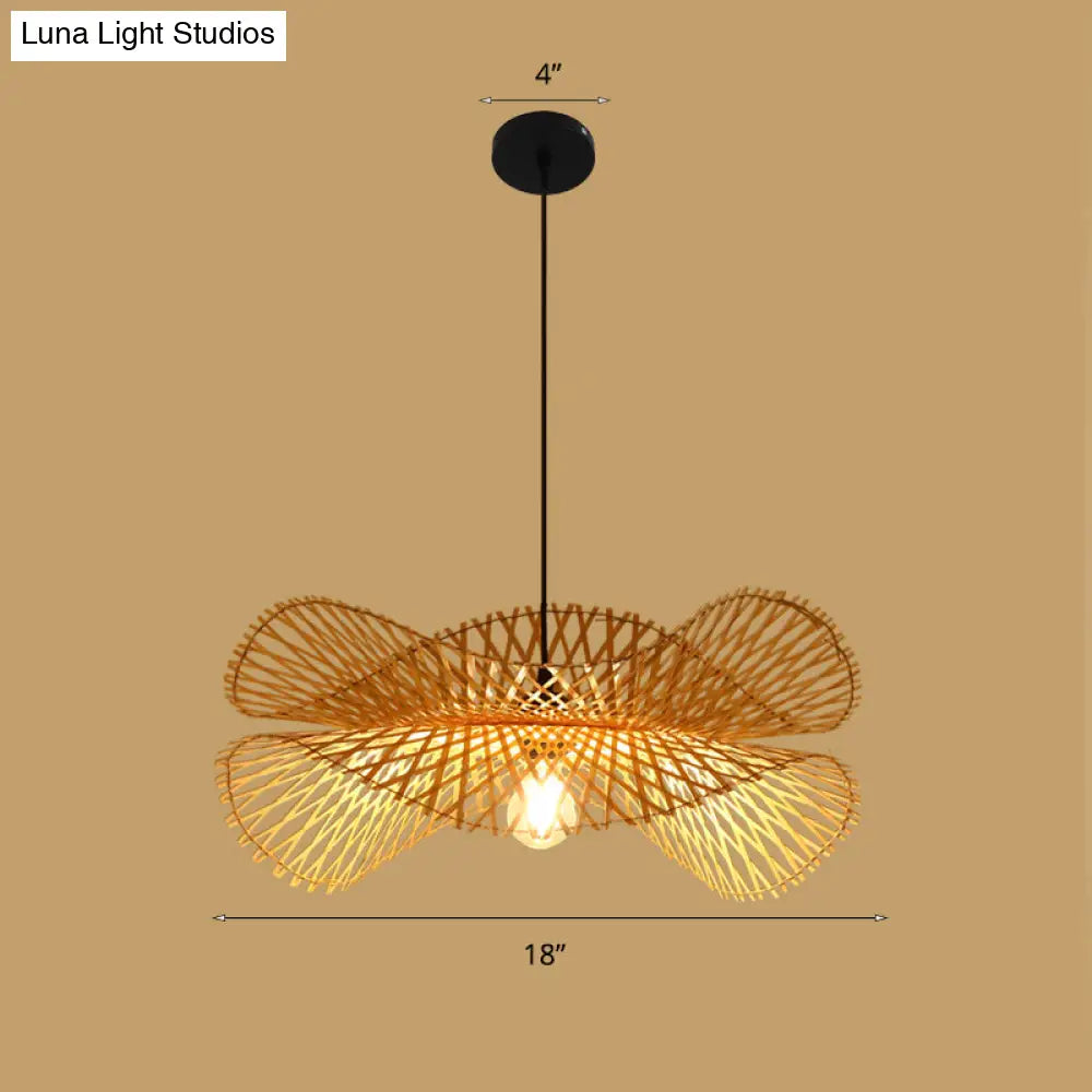 Bamboo Asian Style Ceiling Light With Lotus Leaf Design - 1 Bulb Wood Fixture