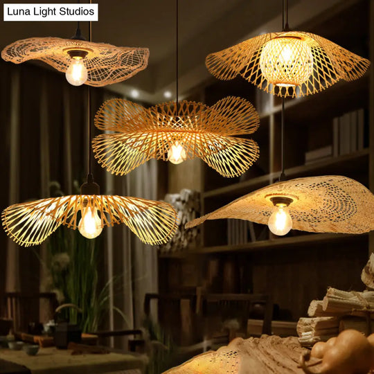 Bamboo Asian Style Ceiling Light With Lotus Leaf Design - 1 Bulb Wood Fixture