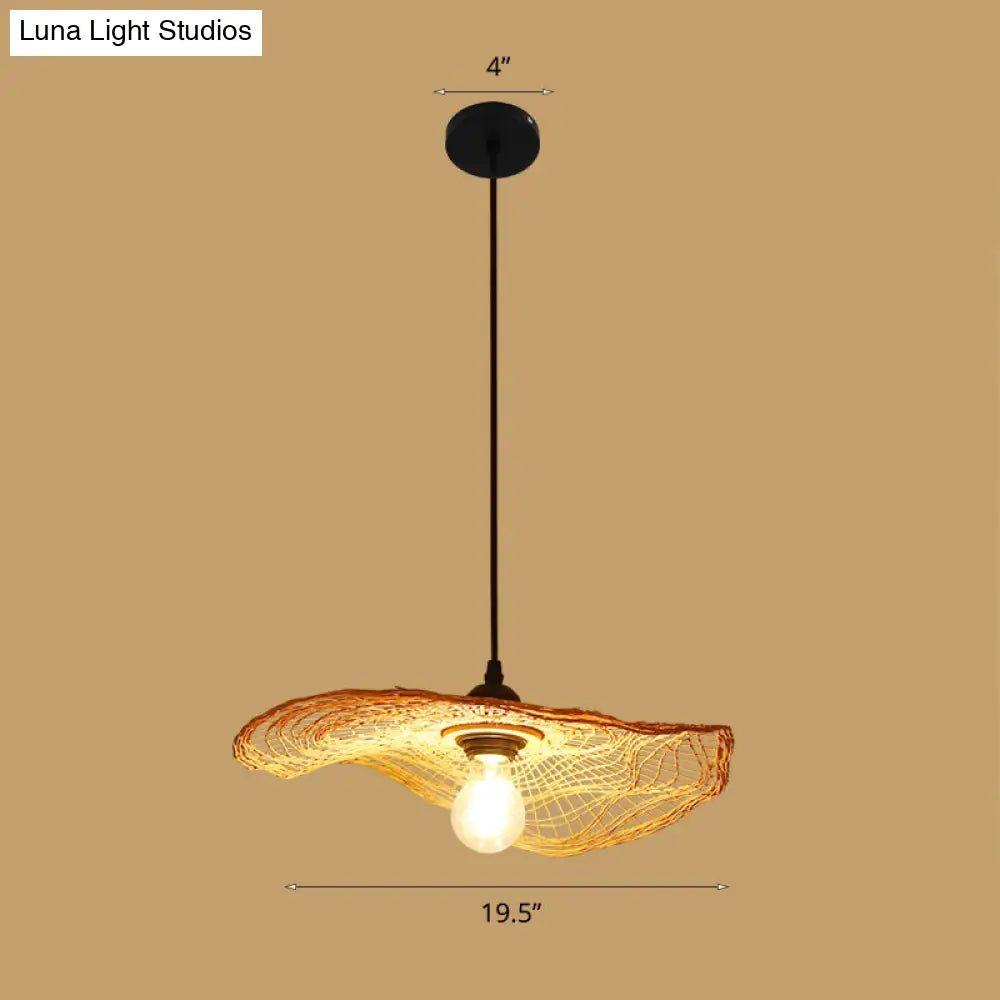 Bamboo Asian Style Ceiling Light With Lotus Leaf Design - 1 Bulb Wood Fixture