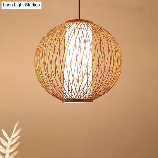 Bamboo Ball Pendant Light Kit - 1 Bulb 3 Sizes Wood Hanging Lamp / 16