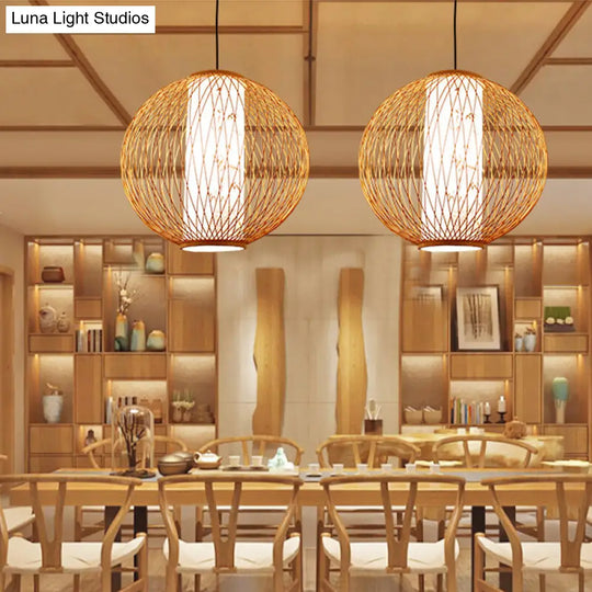 Bamboo Ball Pendant Light Kit - 1 Bulb 3 Sizes Wood Hanging Lamp