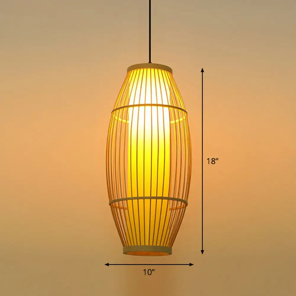 Bamboo Barrel Asian Pendant Light For Restaurants - Wood Finish With 1 Bulb / 10’