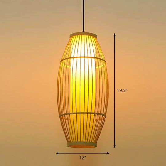 Bamboo Barrel Asian Pendant Light For Restaurants - Wood Finish With 1 Bulb / 12’