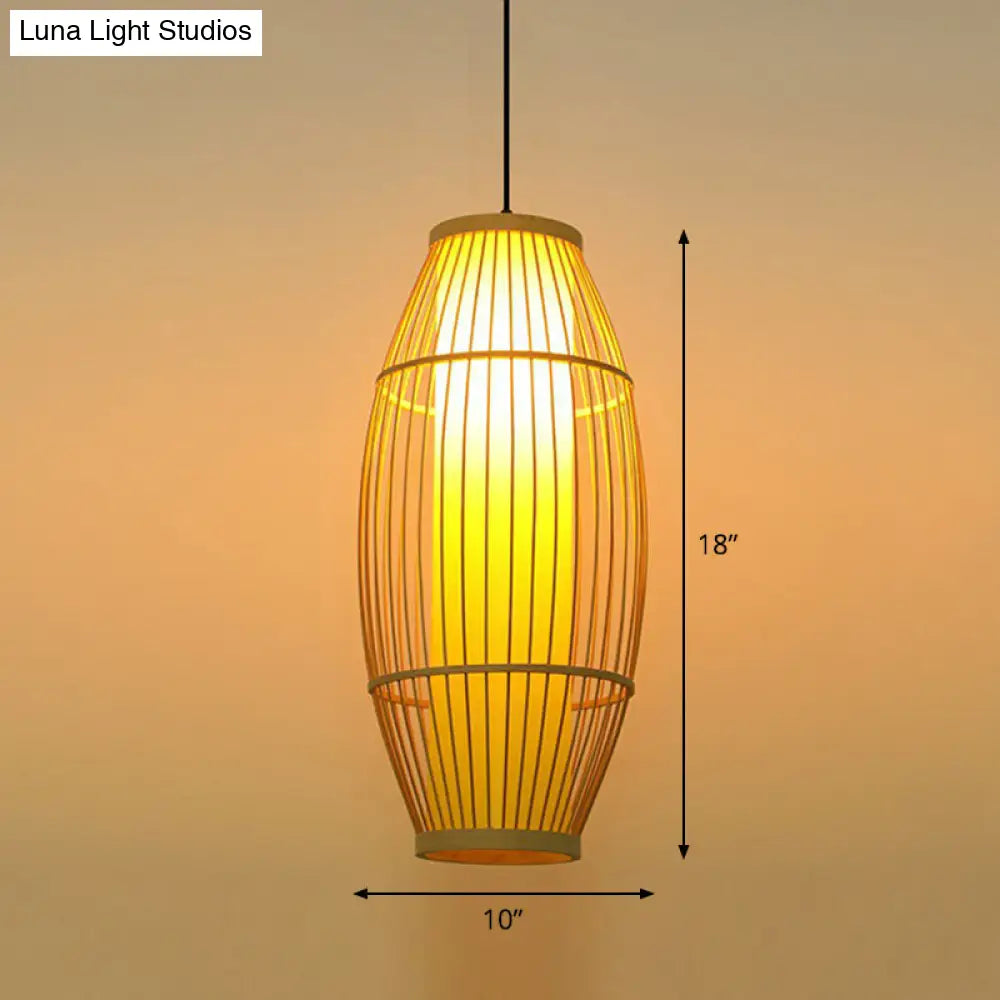 Wooden Barrel Shaped Asian Pendant Light - Bamboo 1 Bulb Restaurant Hanging Lighting Wood / 10