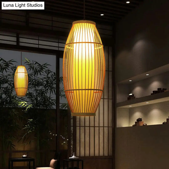 Wooden Barrel Shaped Asian Pendant Light - Bamboo 1 Bulb Restaurant Hanging Lighting