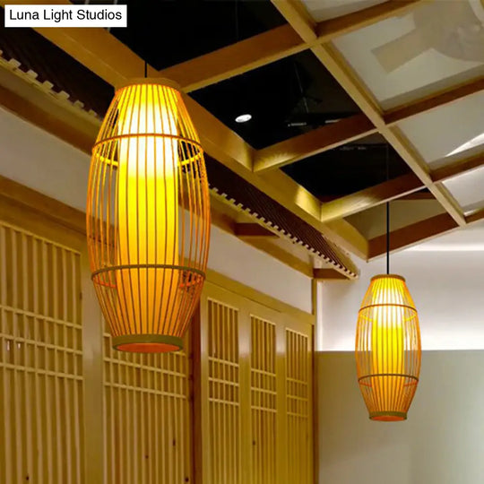 Bamboo Barrel Asian Pendant Light For Restaurants - Wood Finish With 1 Bulb