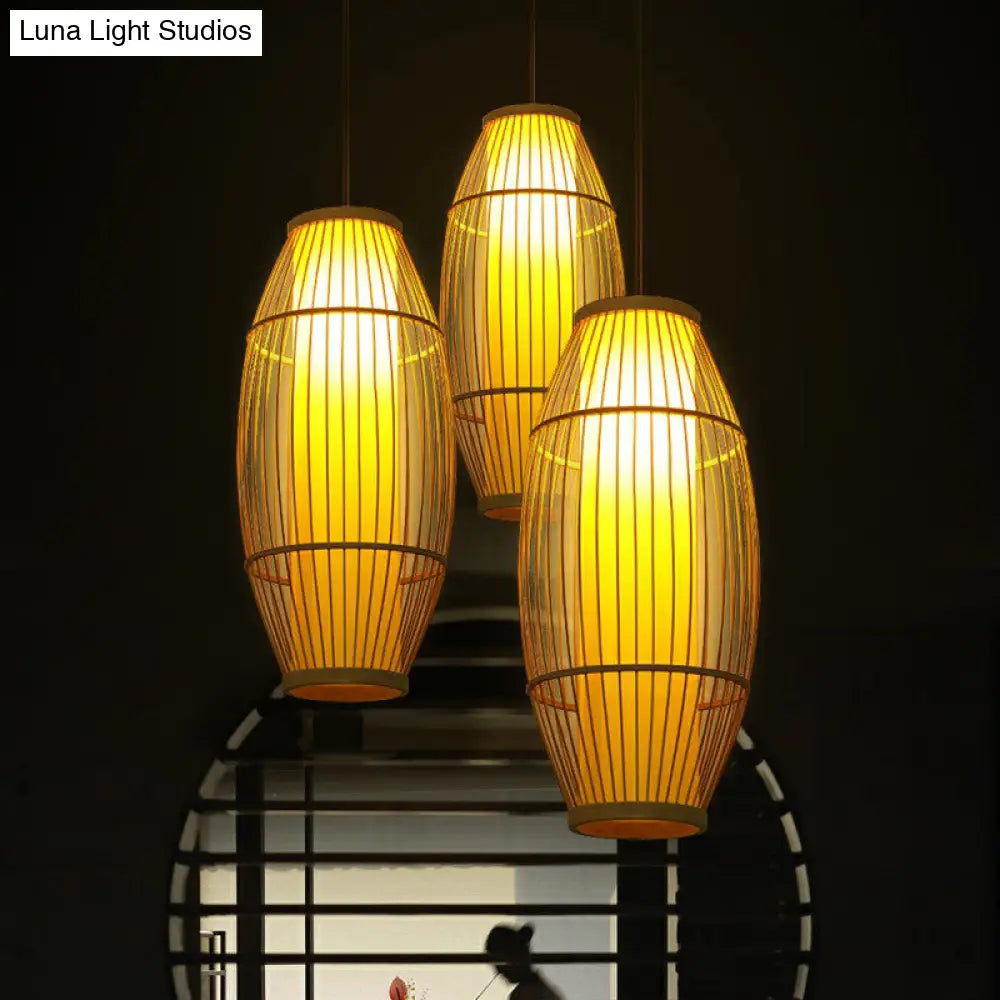 Bamboo Barrel Asian Pendant Light For Restaurants - Wood Finish With 1 Bulb