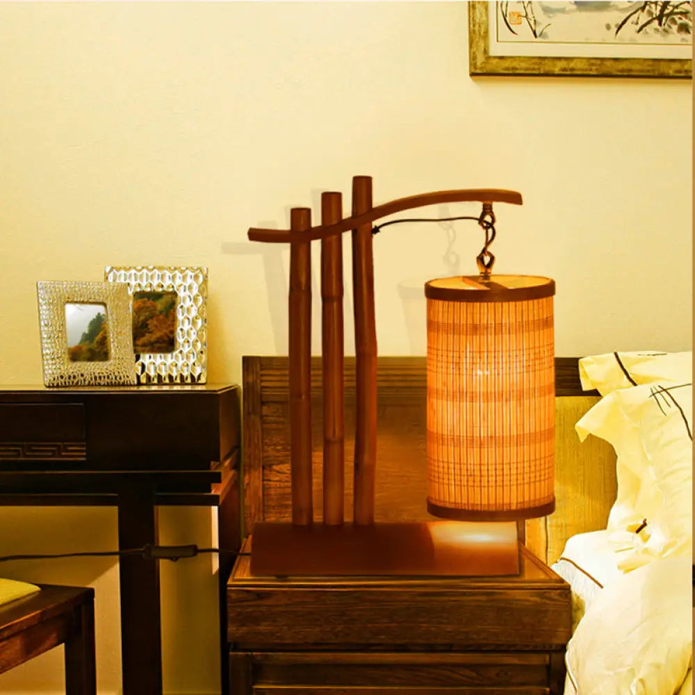 Bamboo Barrel Desk Lamp - 1-Head Chinese Task Light With Half-Cylinder Base In Red Brown