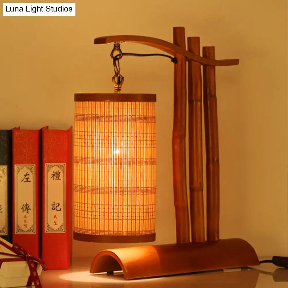 Bamboo Barrel Desk Lamp - 1-Head Chinese Task Light With Half-Cylinder Base In Red Brown