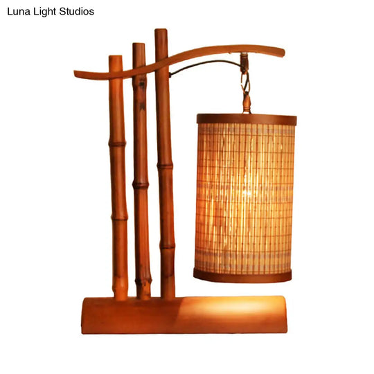 Bamboo Barrel Desk Lamp - 1-Head Chinese Task Light With Half-Cylinder Base In Red Brown