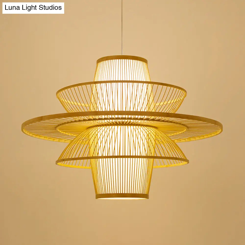 Bamboo Barrel Pendant Asian 16’/23.5’/39’ Wide Hanging Lamp - 1 Bulb Beige Down Lighting With