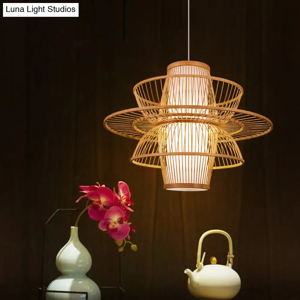 Bamboo Barrel Pendant Asian Down Lighting - 16/23.5/39 Wide 1 Bulb Beige Hanging Lamp With 3-Layer