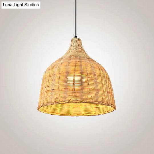 Asia Bamboo 1-Light Hand-Worked Bell Hanging Lamp - Beige Down Lighting Pendant For Restaurants