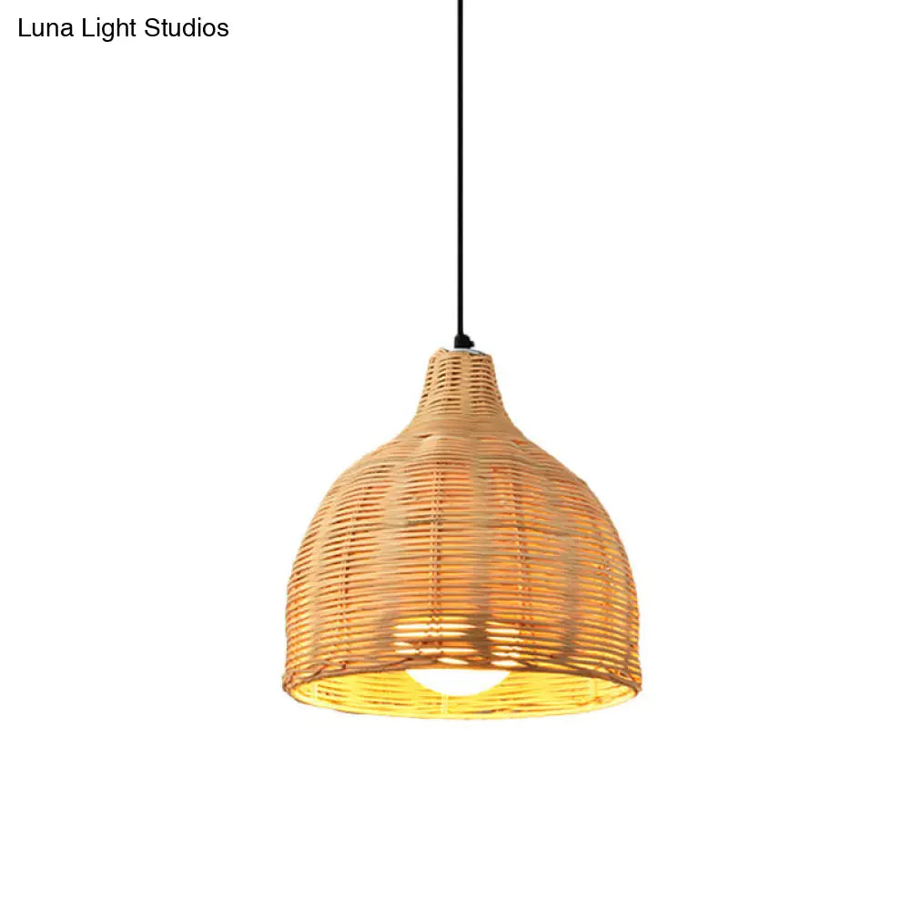 Asia Bamboo 1-Light Hand-Worked Bell Hanging Lamp - Beige Down Lighting Pendant For Restaurants