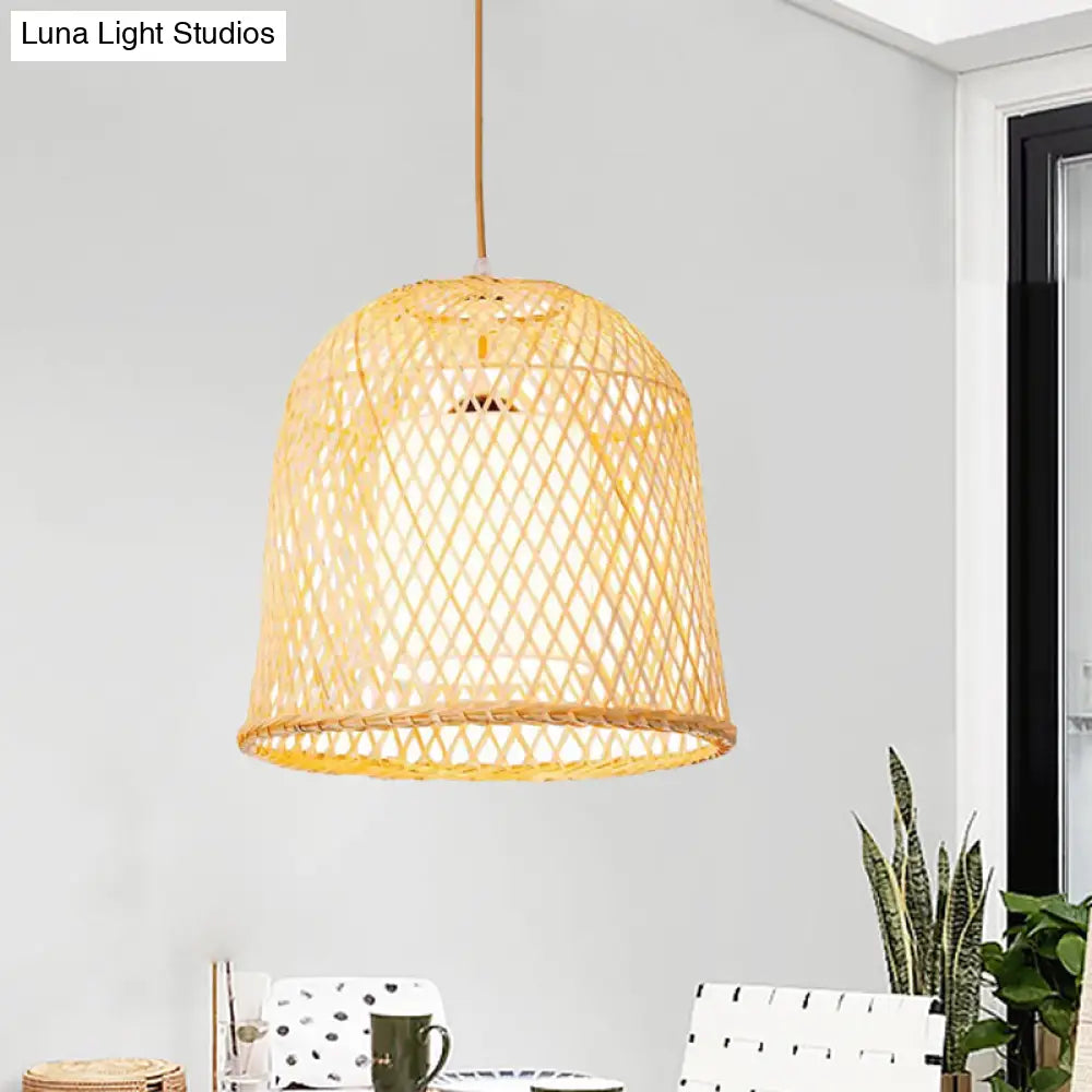 Bamboo Bell Pendant Lighting Kit With Inner White Fabric Shade