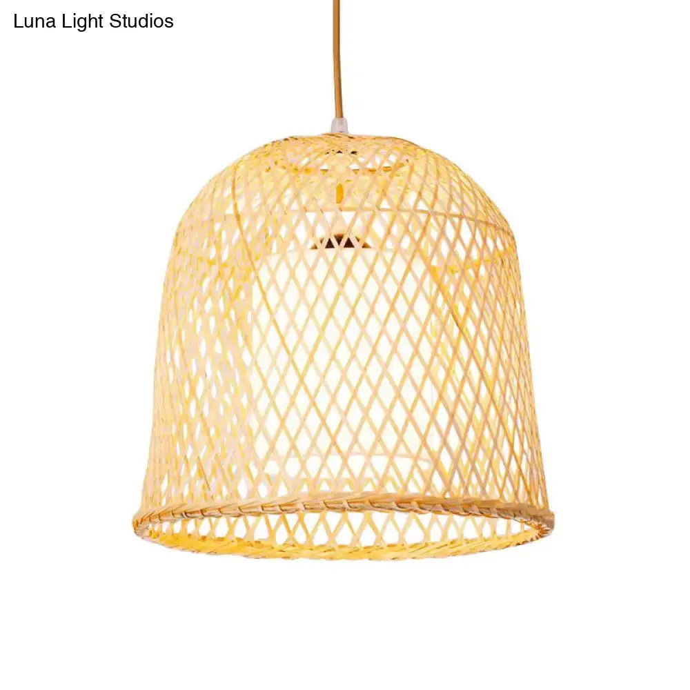 Bamboo Bell Pendant Light With White Fabric Shade - Wood Hanging Lamp Kit