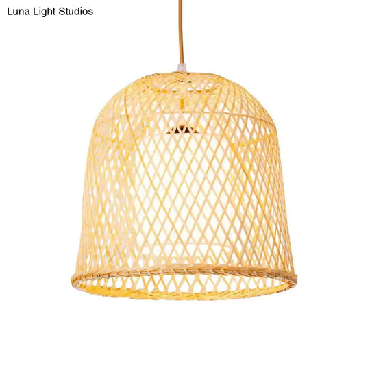 Bamboo Bell Pendant Light With White Fabric Shade - Wood Hanging Lamp Kit