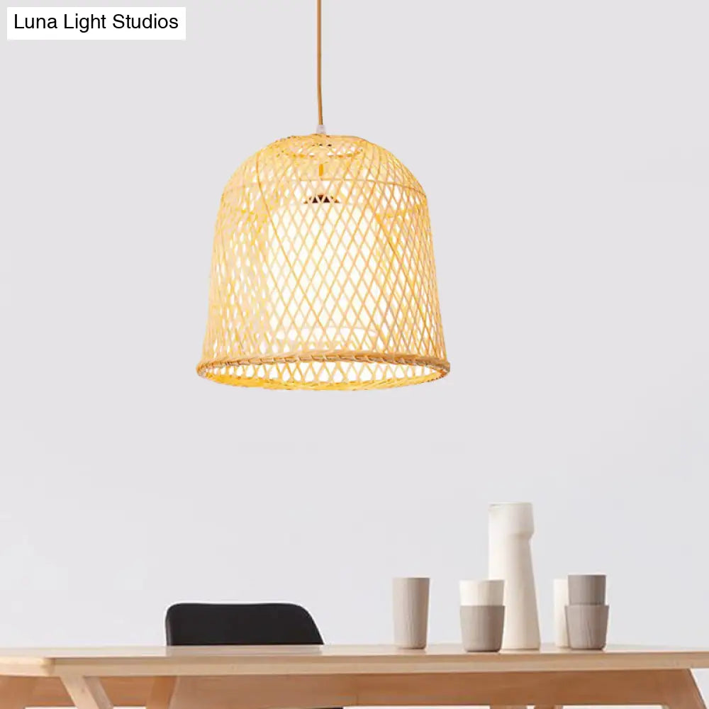 Bamboo Bell Pendant Lighting Kit With Inner White Fabric Shade