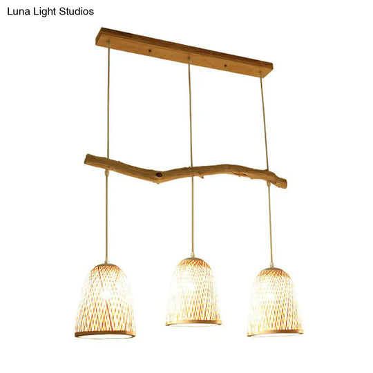 Bamboo Bell Shade Pendant Light - South-East Asian Tea Room Island Lighting With 3 Heads Wood Finish