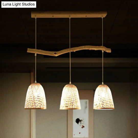 Bamboo Bell Shade Pendant Light - South-East Asian Tea Room Island Lighting With 3 Heads Wood Finish