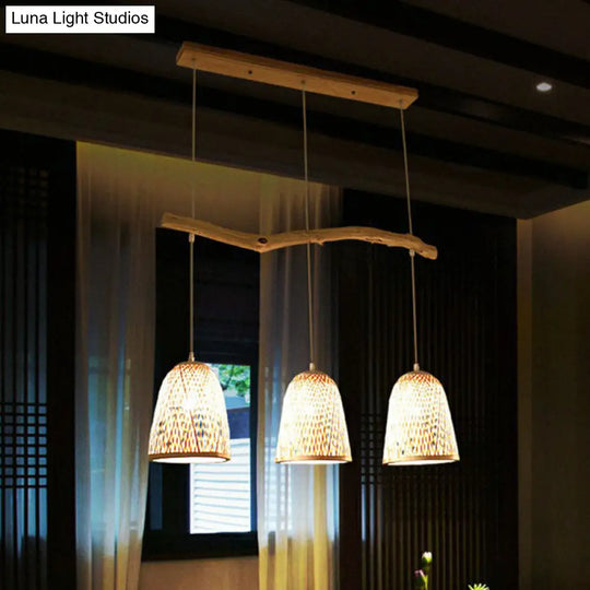 Bamboo Bell Shade Pendant Light - South-East Asian Tea Room Island Lighting With 3 Heads Wood Finish