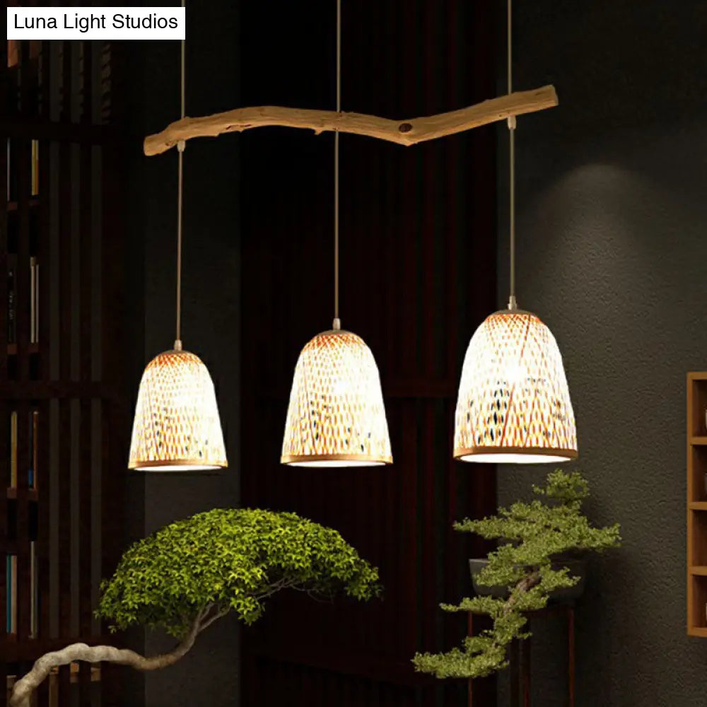 Bamboo Bell Shade Pendant Light - South-East Asian Tea Room Island Lighting With 3 Heads Wood Finish