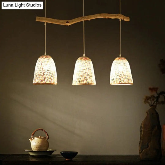 Bamboo Bell Shade Pendant Light - South-East Asian Tea Room Island Lighting With 3 Heads Wood Finish