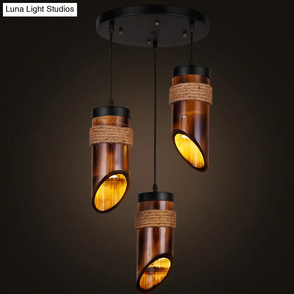 Bamboo Beveled Tube Hanging Light Fixture In Brown For Dining Room Factory Design With Rope