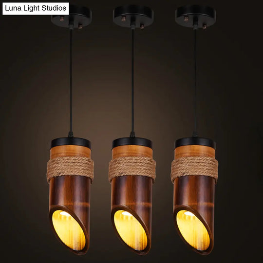 Bamboo Beveled Tube Hanging Light Fixture For Dining Room With Rope Suspension In Brown