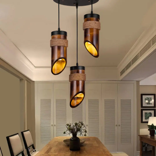 Bamboo Beveled Tube Hanging Light Fixture For Dining Room With Rope Suspension In Brown 3 /