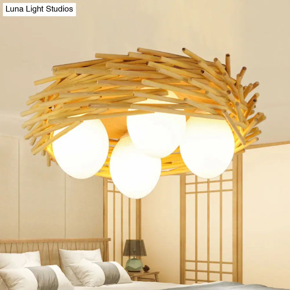 Bamboo Bird Nest Ceiling Chandelier With Opal Glass Shade - Asian Inspired Pendant Light