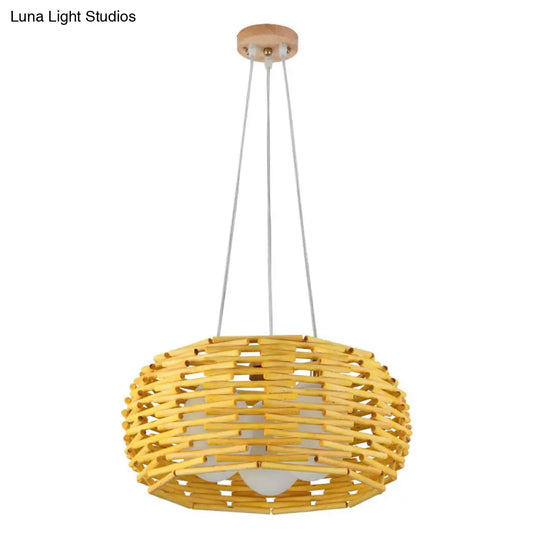 Bamboo Bird Nest Ceiling Chandelier With Opal Glass Shade - Asian Inspired Pendant Light