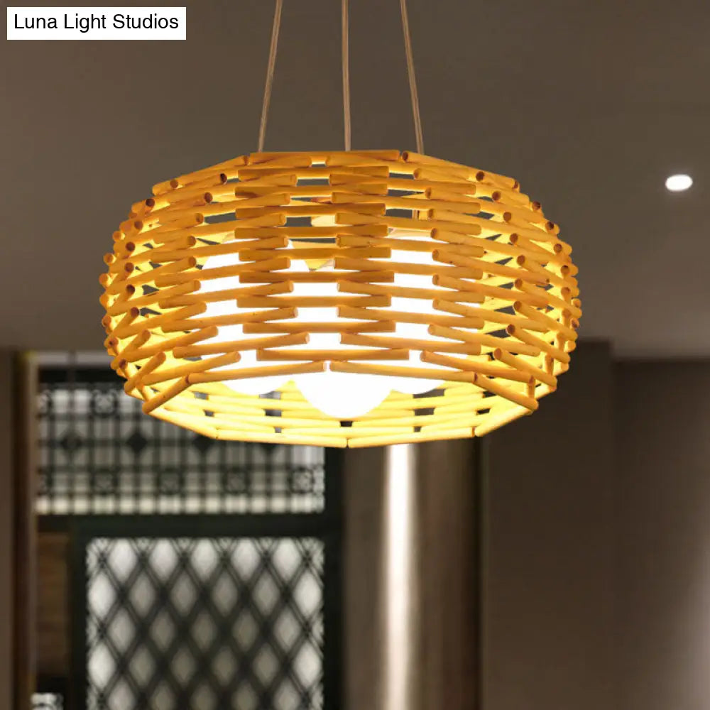 Bamboo Bird Nest Ceiling Chandelier With Opal Glass Shade - Asian Inspired Pendant Light