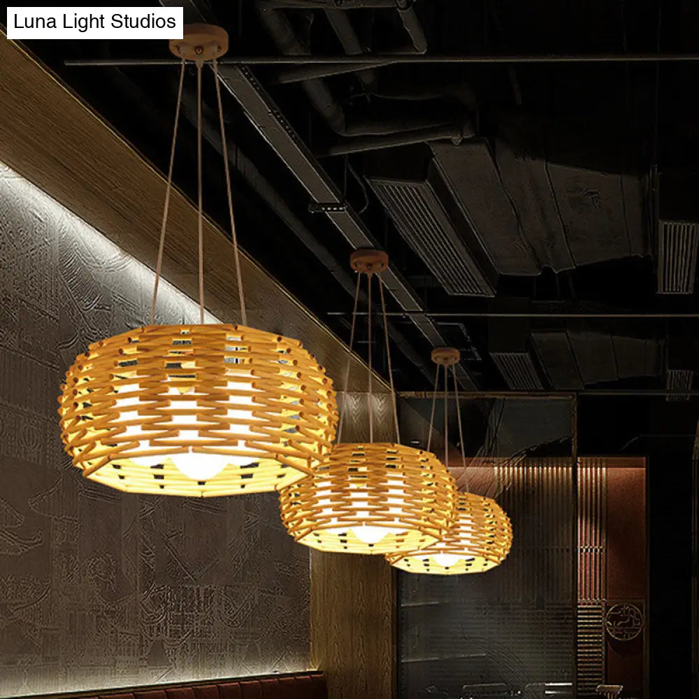 Bamboo Bird Nest Ceiling Chandelier With Opal Glass Shade - Asian Inspired Pendant Light