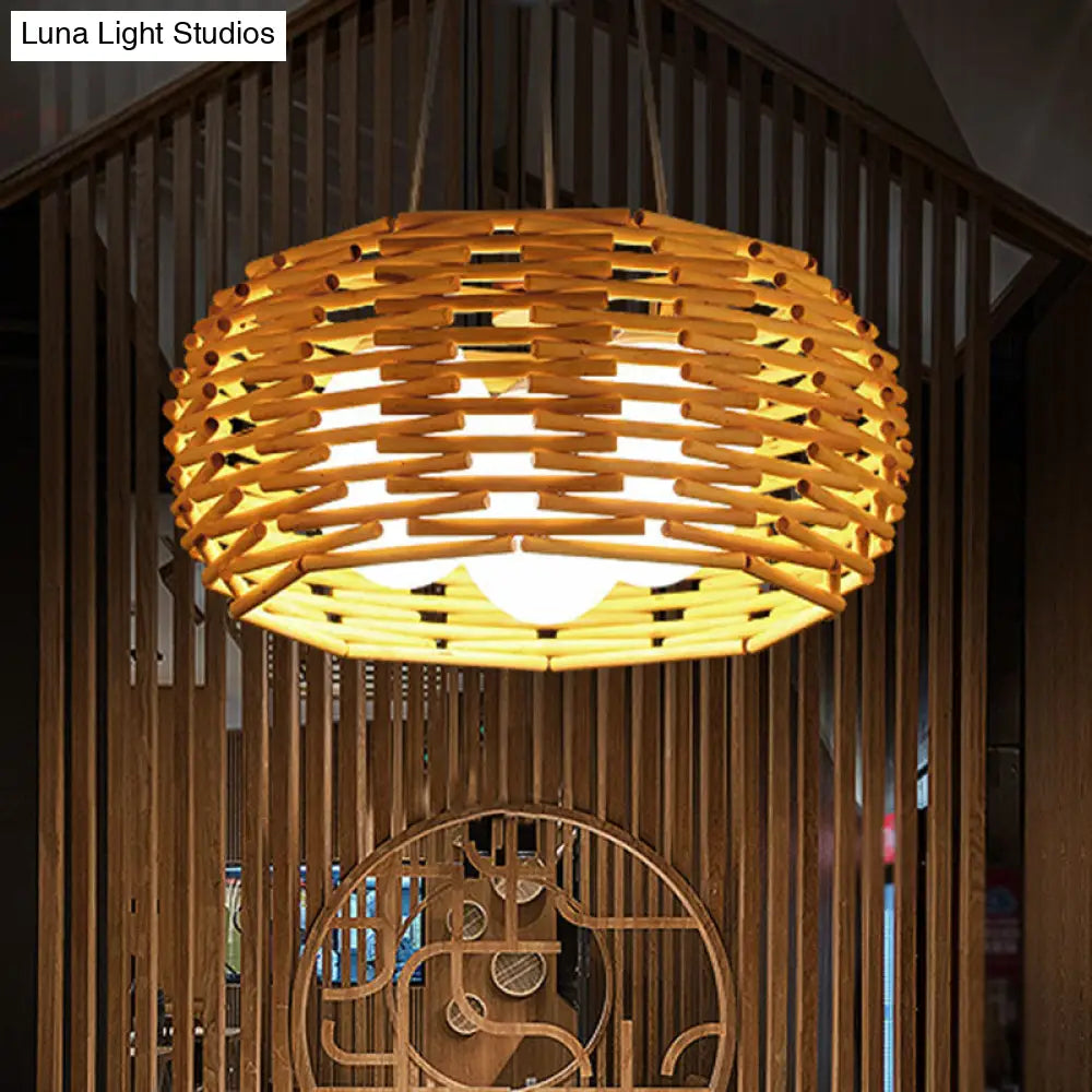 Bamboo Bird Nest Ceiling Chandelier With Opal Glass Shade - Asian Inspired Pendant Light