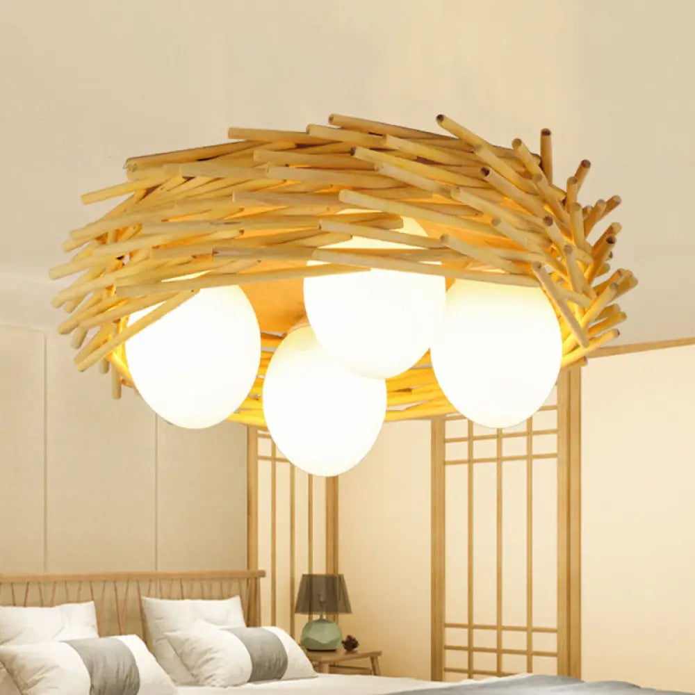 Bamboo Bird Nest Ceiling Chandelier With Opal Glass Shade - Asian Inspired Pendant Light Wood /